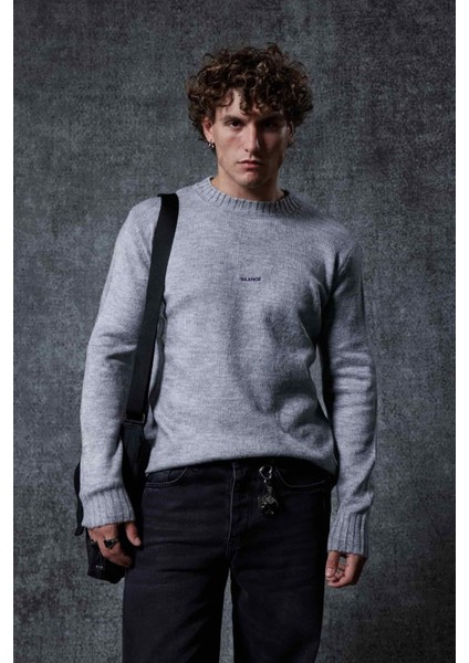 Erkek Regular Fit Bisiklet Yaka Kazak Gri