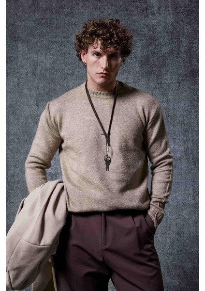 Erkek Regular Fit Bisiklet Yaka Kazak Taş Rengi