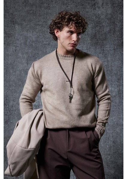 Erkek Regular Fit Bisiklet Yaka Kazak Taş Rengi modelleri