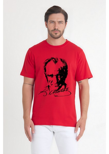 Erkek Bisiklet Yaka Kısa Kollu Atatürk Baskılı %100 Pamuk T-Shirt