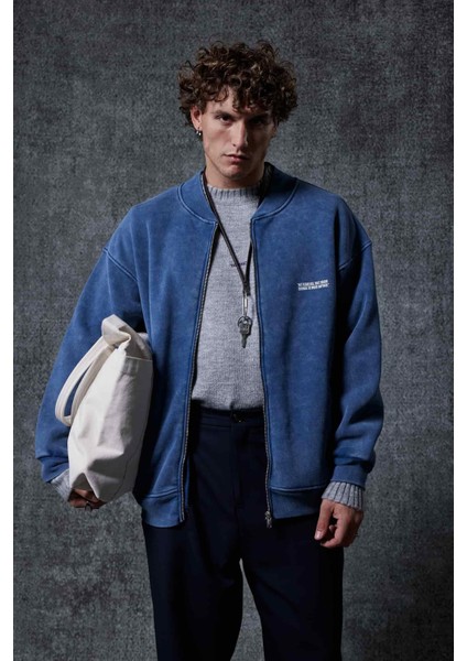 Erkek Oversize Yıkamalı Fermuarlı Sweatshirt Lacivert