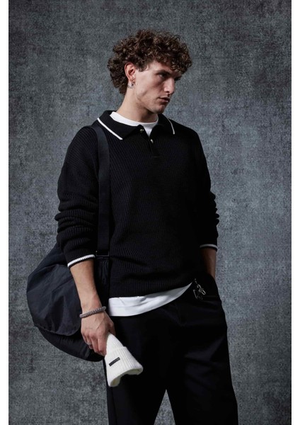 Erkek Oversize Polo Yaka Kontrast Detaylı Triko Kazak Siyah fiyatları