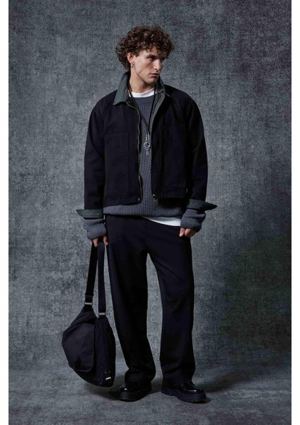 Erkek Ekose Detaylı Yıkamalı Relax Fit Ceket Siyah