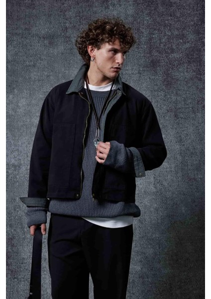 Erkek Ekose Detaylı Yıkamalı Relax Fit Ceket Siyah modelleri