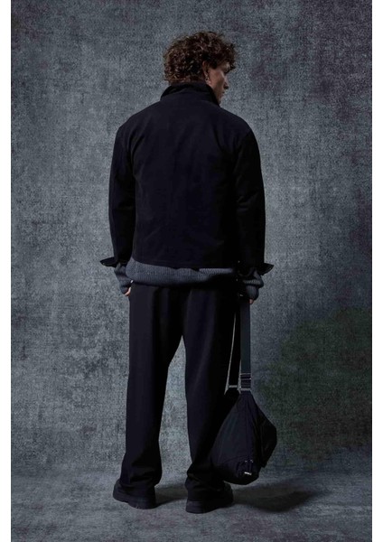 Erkek Ekose Detaylı Yıkamalı Relax Fit Ceket Siyah