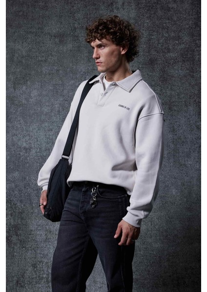 Erkek Oversize Düğmeli Polo Yaka Sweatshirt Gri fiyatları