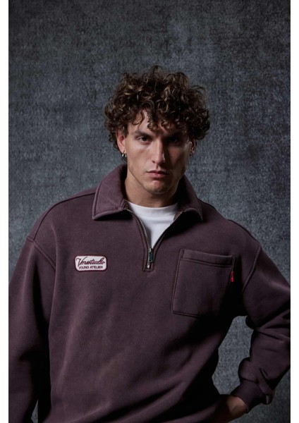 Erkek Oversize Yarım Fermuarlı Sweatshirt Kahverengi modelleri