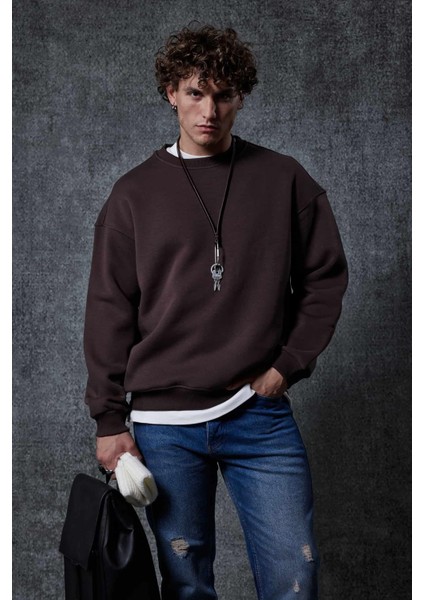Erkek Oversize Bisiklet Yaka Basic Sweatshirt Kahverengi
