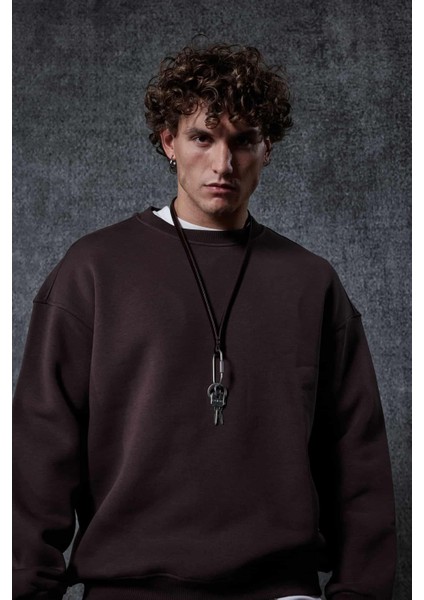 Erkek Oversize Bisiklet Yaka Basic Sweatshirt Kahverengi indirimleri
