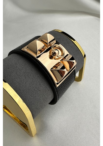 Altın Metal Detaylı Siyah Deri Bileklik (22CM) fırsatları