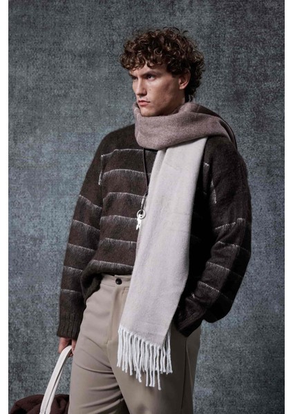 Erkek Oversize Çizgili Tüylü Triko Kazak Kahverengi indirimleri