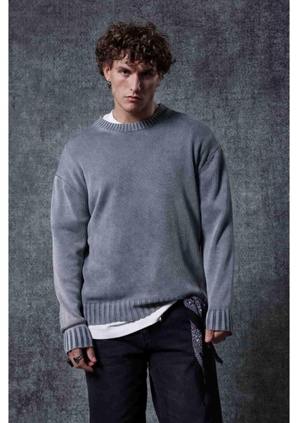 Erkek Oversize Bisiklet Yaka Basic Triko Kazak Gri