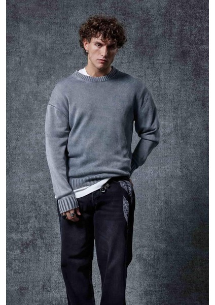 Erkek Oversize Bisiklet Yaka Basic Triko Kazak Gri fiyatları