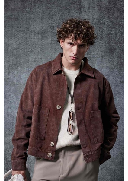 Erkek Boxy Fit Düğmeli Cepli Ceket Kahverengi modelleri