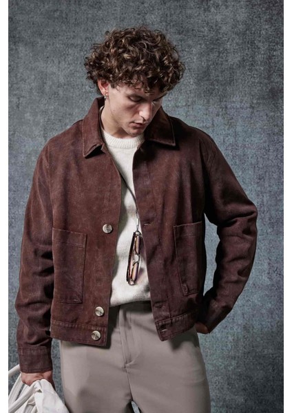 Erkek Boxy Fit Düğmeli Cepli Ceket Kahverengi fırsatları