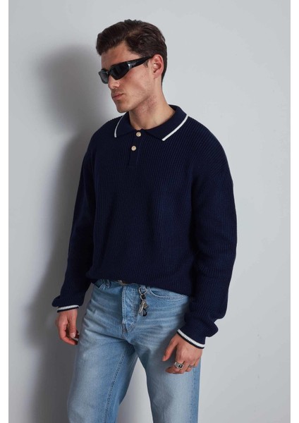 Erkek Oversize Polo Yaka Kontrast Detaylı Triko Kazak Lacivert fiyatları