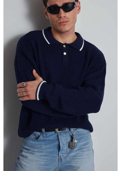 Erkek Oversize Polo Yaka Kontrast Detaylı Triko Kazak Lacivert modelleri