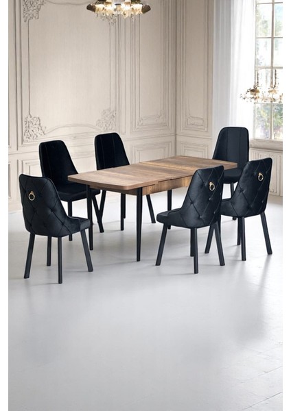 Noır Serisi 6 Kişilik Ceviz Açılır Mdf Masa Siyah Metal Ayaklı & Baby Face Kumaşlı Sandalye Takımı