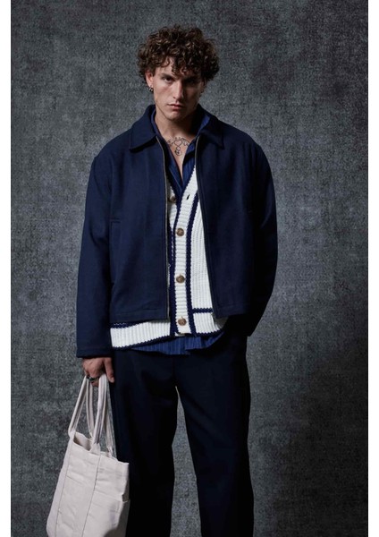 Erkek Oversize Ince Fermuarlı Ceket Lacivert