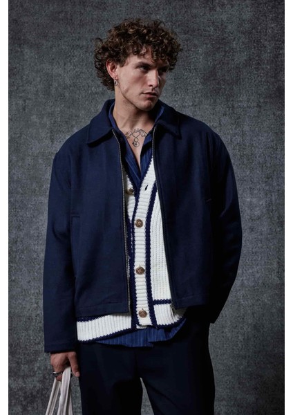 Erkek Oversize Ince Fermuarlı Ceket Lacivert fiyatları