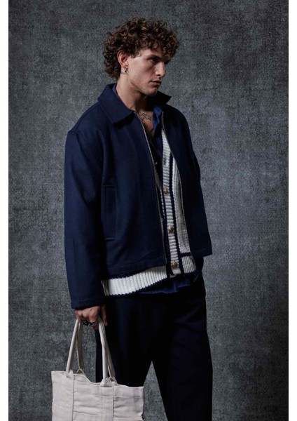 Erkek Oversize Ince Fermuarlı Ceket Lacivert modelleri