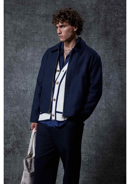 Erkek Oversize Ince Fermuarlı Ceket Lacivert fırsatları