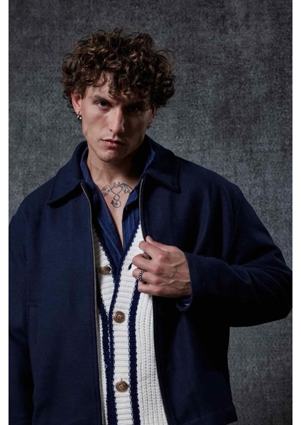 Erkek Oversize Ince Fermuarlı Ceket Lacivert