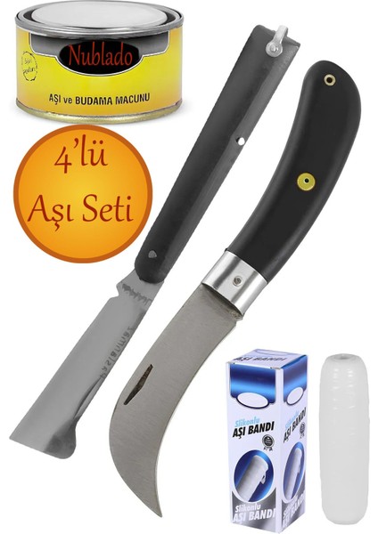 (4'lü Set) Eğri Uçlu ve Düz Uçlu Bağ Aşı Bıçağı Çakısı Aşı Macunu Aşı Bandı Ağaç Stil Aşılama.