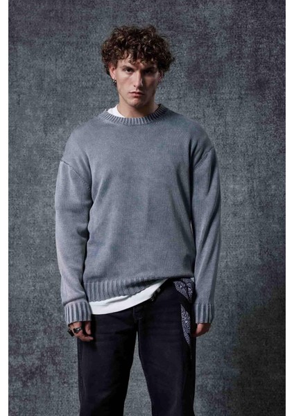 Erkek Oversize Bisiklet Yaka Basic Triko Kazak Gri fırsatları