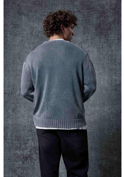 Erkek Oversize Bisiklet Yaka Basic Triko Kazak Gri indirimleri