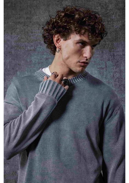 Erkek Oversize Bisiklet Yaka Basic Triko Kazak Gri