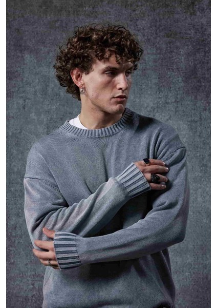 Erkek Oversize Bisiklet Yaka Basic Triko Kazak Gri