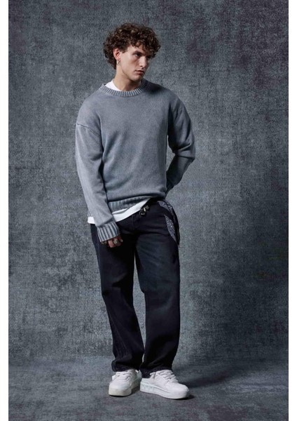 Erkek Oversize Bisiklet Yaka Basic Triko Kazak Gri