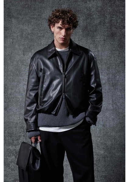 Erkek Oversize Fermuarlı Basic Deri Ceket Siyah fiyatları