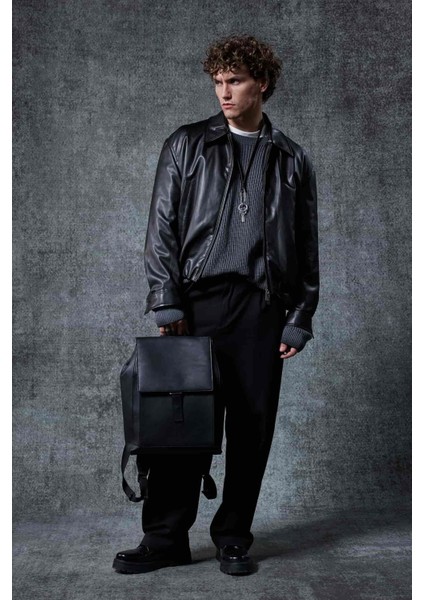 Erkek Oversize Fermuarlı Basic Deri Ceket Siyah modelleri