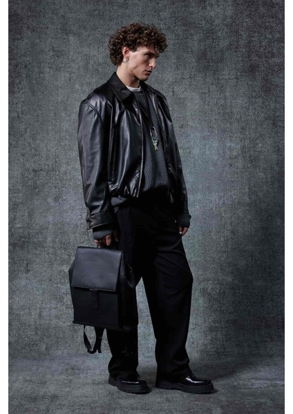 Erkek Oversize Fermuarlı Basic Deri Ceket Siyah fırsatları