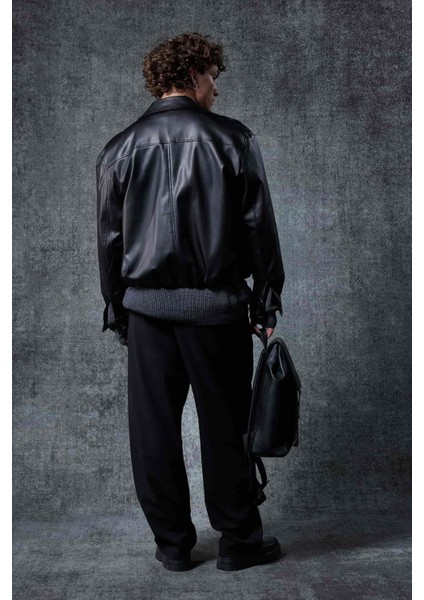 Erkek Oversize Fermuarlı Basic Deri Ceket Siyah indirimleri