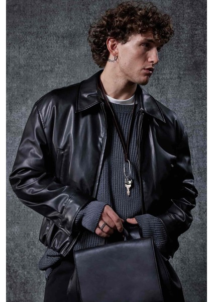 Erkek Oversize Fermuarlı Basic Deri Ceket Siyah