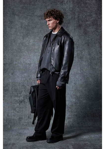 Erkek Oversize Fermuarlı Basic Deri Ceket Siyah
