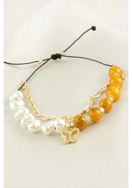 Sepetim Kelebek Inci Boncuk Zincirli Bileklik-Sarı fiyatları