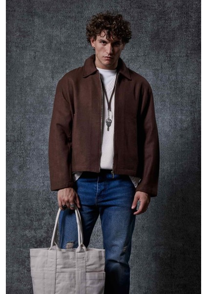 Erkek Oversize Ince Fermuarlı Ceket Kahverengi