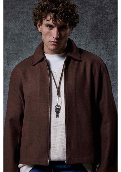 Erkek Oversize Ince Fermuarlı Ceket Kahverengi modelleri