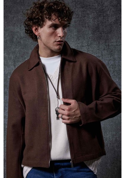 Erkek Oversize Ince Fermuarlı Ceket Kahverengi fırsatları