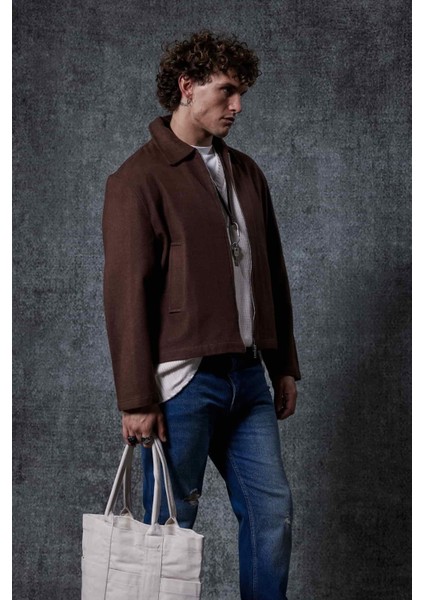 Erkek Oversize Ince Fermuarlı Ceket Kahverengi indirimleri