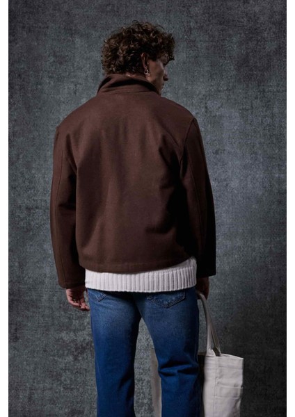 Erkek Oversize Ince Fermuarlı Ceket Kahverengi
