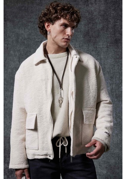 Erkek Boxy Fit Rahat Kesim Desenli Ceket Bej modelleri