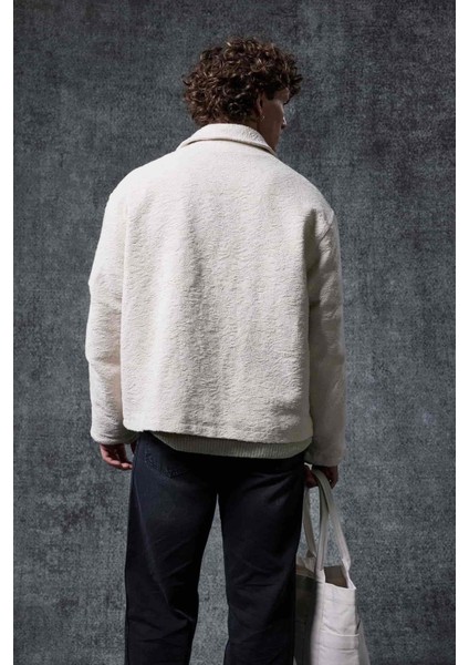 Erkek Boxy Fit Rahat Kesim Desenli Ceket Bej