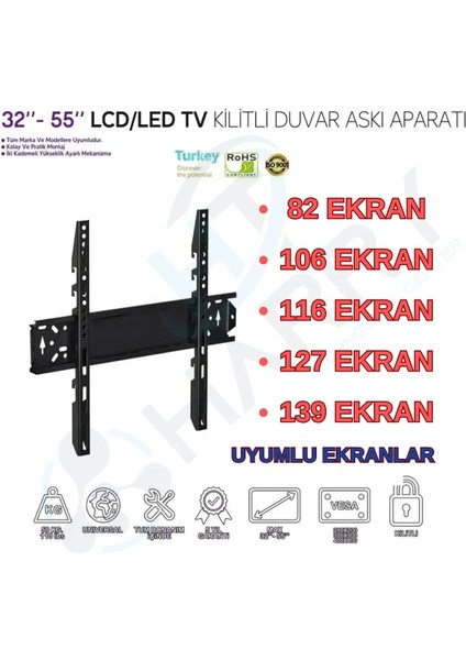 Onvo Televizyon ile Uyumlu Kilitli LCD Askı Aparatı Sabit 32'' 37'' 42'' 43'' 49'' 50" Inch Inç