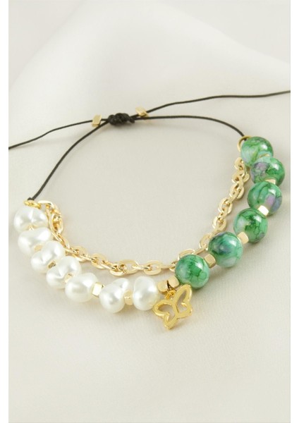 Sepetim Kelebek Inci Boncuk Zincirli Bileklik-Kırmızı