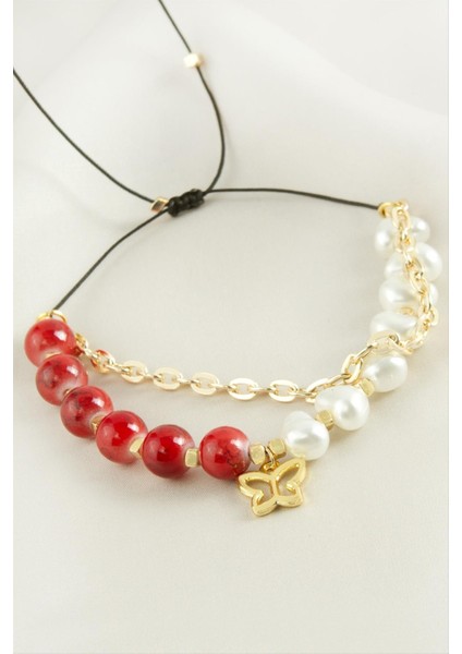 Sepetim Kelebek Inci Boncuk Zincirli Bileklik-Kırmızı fiyatları